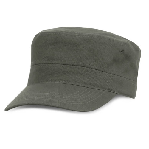 A military style cap in olive green with a wide brim and a subtle logo. Made from a durable fabric.