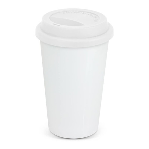 A double wall coffee cup in white with a matching lid and a logo feature.