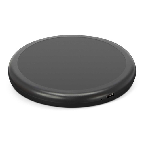A wireless charger with a sleek resin finish, featuring a circular design and a visible USB port.
