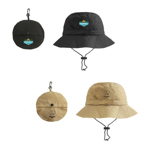 A foldable bucket hat collection featuring black, olive, and beige colours, each with a logo.