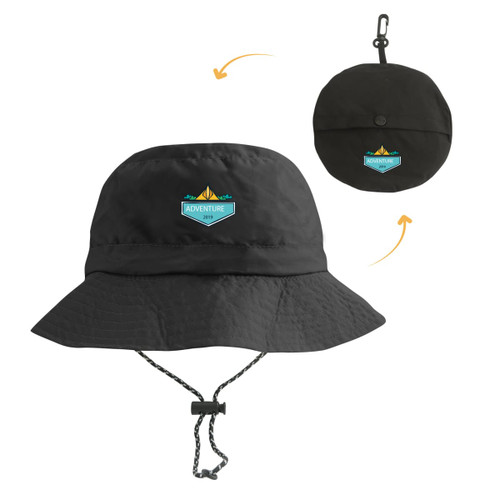 A black foldable bucket hat featuring a logo, designed with a wide brim and adjustable chin strap.