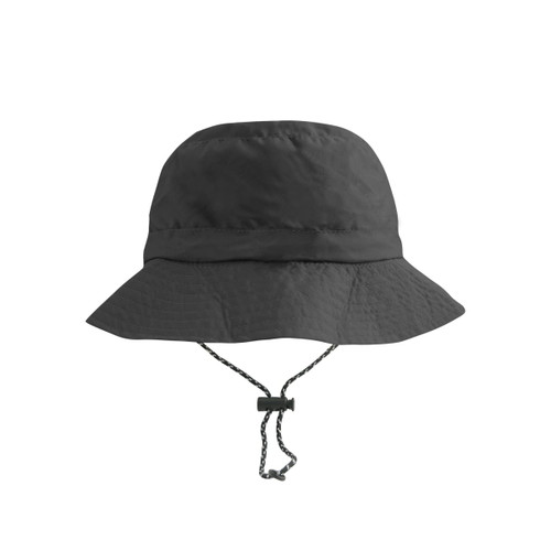 A foldable bucket hat in black with a chin strap and a branded logo.