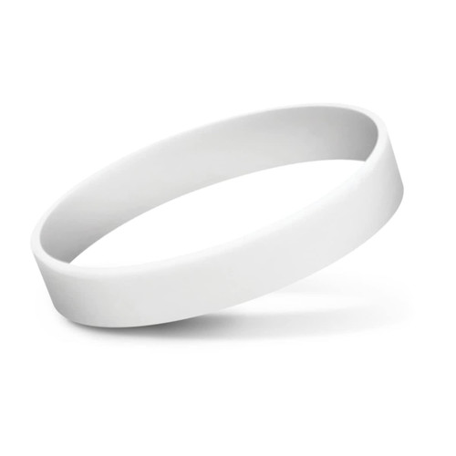 A white embossed silicone wristband displayed at an angle, showcasing its smooth surface and flexible design.