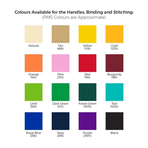 A grid of various colour swatches for handles, binding, and stitching options, including shades like natural, tan, yellow, and more.