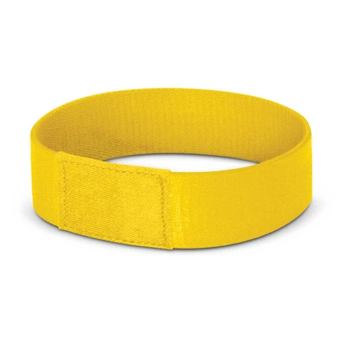 A bright yellow Dazzler Wrist Band made for events and exhibitions, featuring a secure fastening mechanism.