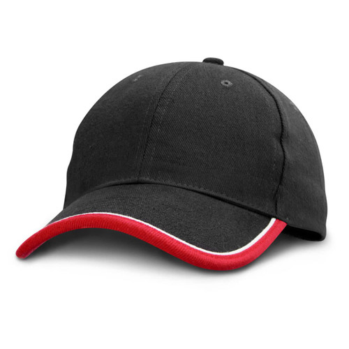 A black cap featuring a red and white curved peak and a branded logo on the front.