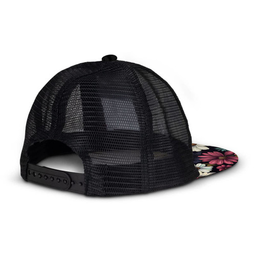 A black mesh cap with a floral patterned peak and an adjustable strap at the back.