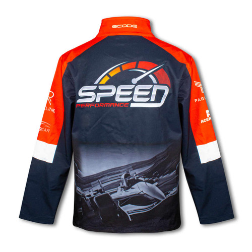 A softshell jacket featuring red and navy colours with a logo and a graphic design on the back.