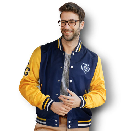 A custom varsity jacket featuring a navy body and yellow sleeves, with a logo on the front and striped cuffs.