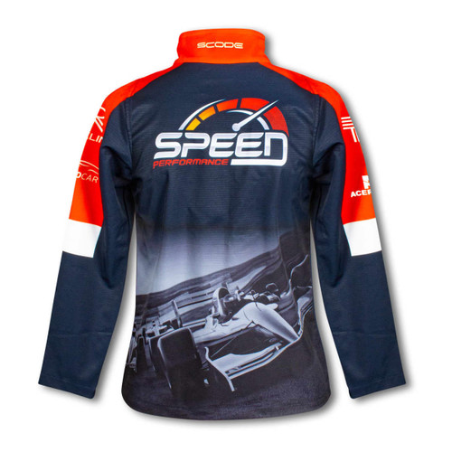 A navy and red women's premium softshell jacket with a logo and racing-themed graphic on the back.