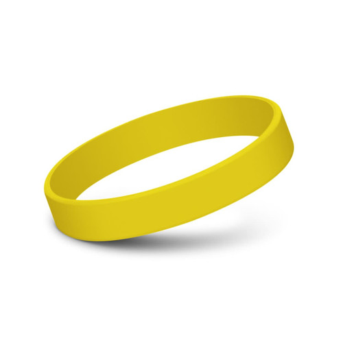 A yellow silicone wristband with a smooth, debossed finish, featuring a logo.