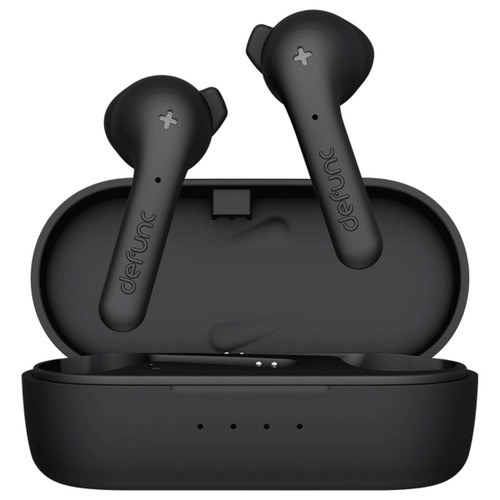 Black earbuds housed in a charging case, featuring a logo on the side. Made from recycled plastic materials.