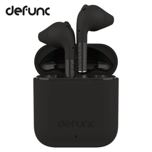 Black earbuds are housed in a matching charging case, featuring a logo on the front.