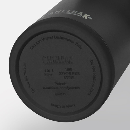 A drink bottle in matte black with a stainless steel bottom, featuring a logo on its underside.