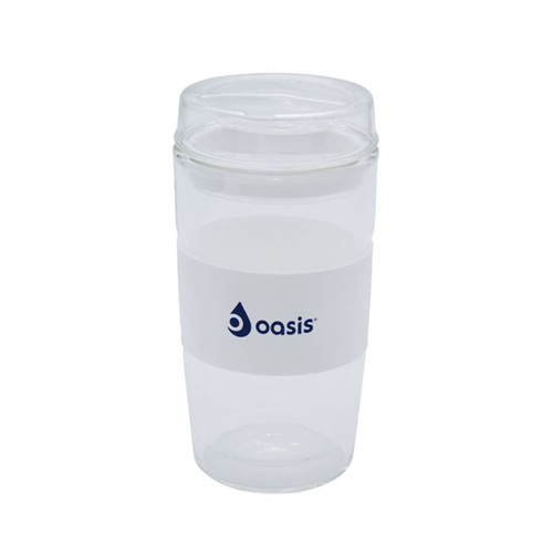 A reusable coffee cup in clear and white, featuring a logo and a cylindrical shape.