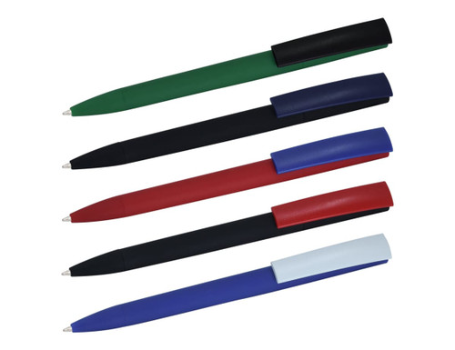 A set of plastic pens in green, black, red, blue, and light blue, featuring a logo on each pen.