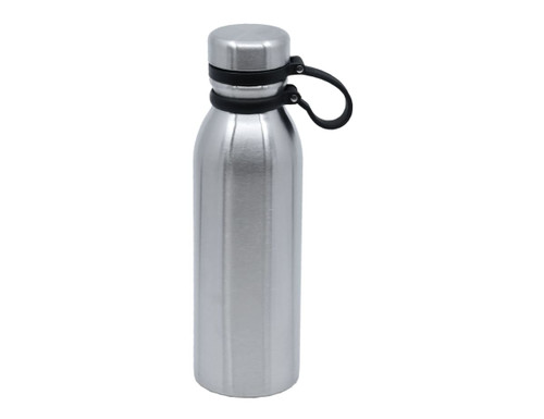 A drink bottle in polished silver metal, featuring a black screw lid and carrying loop. It has a minimalist design and a logo.