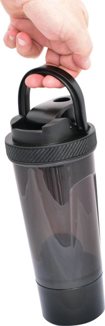 A drink bottle in black with a handle, featuring a screw-on lid and a logo on the side.