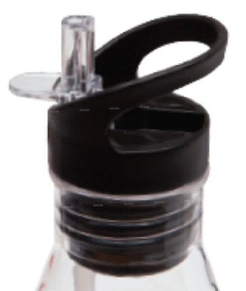 A drink bottle with a transparent body and a black lid, featuring a straw and a handle for easy carrying.