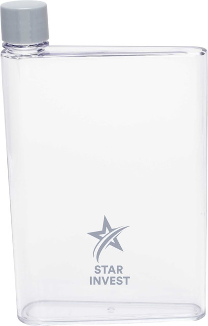 A drink bottle in clear plastic with a grey cap and a logo on the front. 