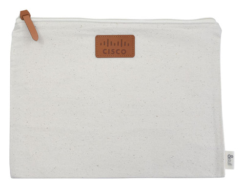 A cream-coloured conference bag with a zip closure and a logo patch. Features a leather zipper pull.