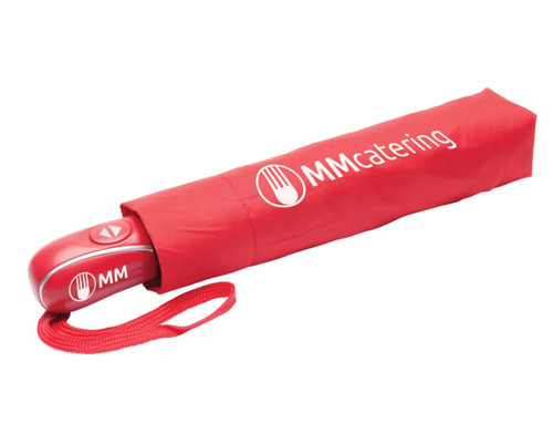 A red automatic open/close umbrella with a matching red sleeve and branding.