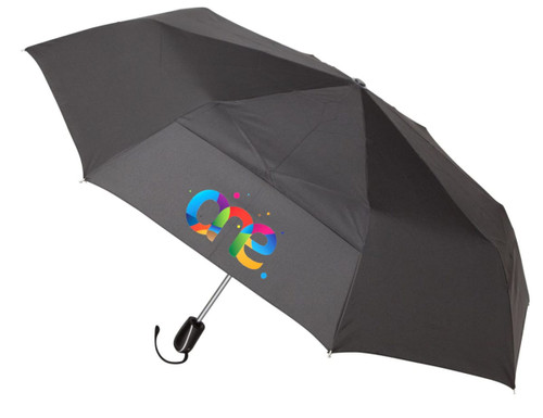 A black auto open/close umbrella with a colourful logo printed on the canopy.