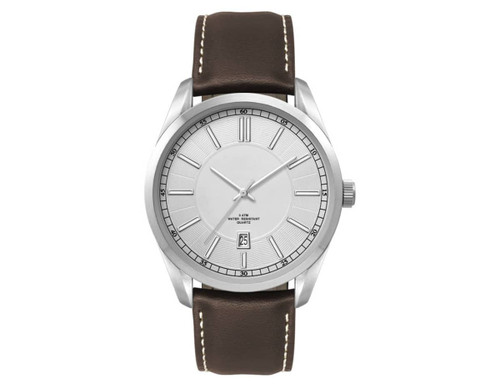 A men's casual dress watch featuring a silver face, brown leather strap, and a stainless steel case.