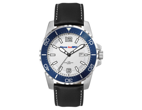 A sports watch with a silver case, white face, blue bezel, and a black leather strap, featuring a logo.