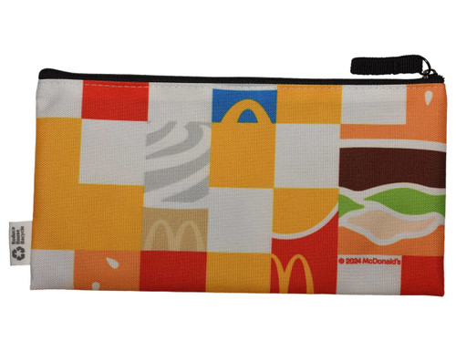 A zippered pouch featuring a colourful design with various food-themed graphics. It includes a logo.