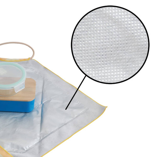 A silver lunch box bag with a textured interior, holding a blue container and a wooden lid. It features a logo.