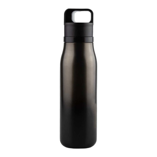 A drink bottle in sleek black with a secure lid and a handle, featuring a simple logo on the side.