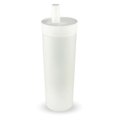 A drink bottle in a sleek white design, featuring a removable lid with a spout and a simple logo.