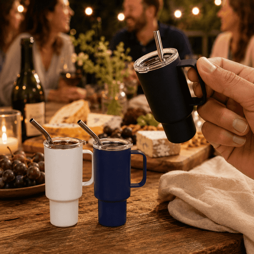A drink tumbler set in white, navy, and black, featuring a handle and metal straws, presented on a rustic table.