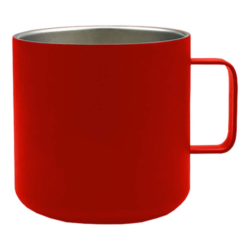 A red stainless steel coffee cup with a handle and a sleek design. It features a logo on the surface.