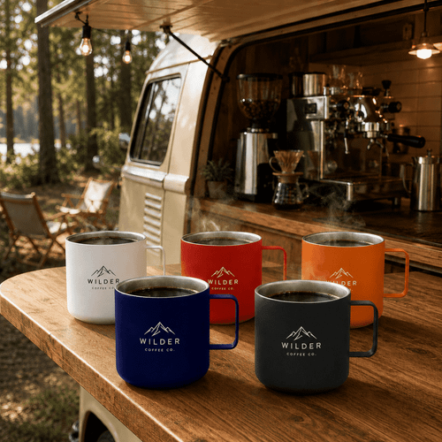 A set of five stainless steel coffee cups in white, red, orange, black, and a logo visible on each cup.