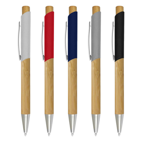 A collection of French Bamboo Pens in silver, red, navy, grey, and black with metallic tips and branded clips.