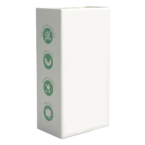 A white rectangular box containing travel paper soap sheets, featuring green icons and a logo.