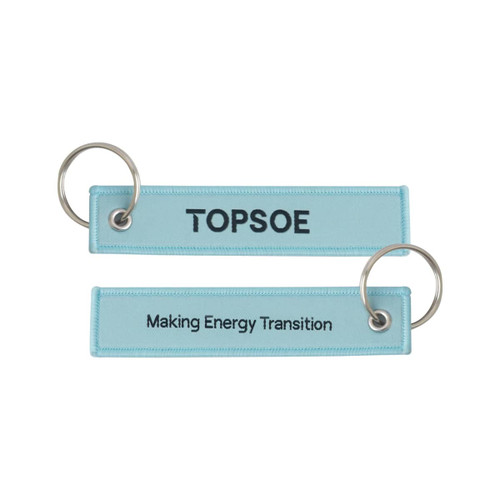 Two woven key tags in light blue featuring metal key rings and a logo.