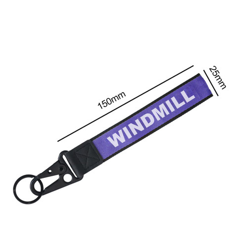 A purple Jacquard Keyring featuring a black clip and ring for attachment, with a logo on the strap.