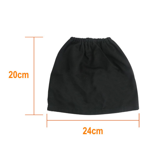 A black boot cover with an elasticised top, measuring 20cm in height and 24cm in width.