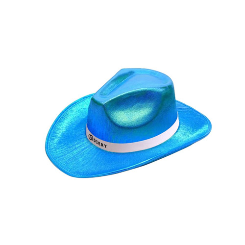 Iridescent blue cowboy hat with a white band and branding on the front.