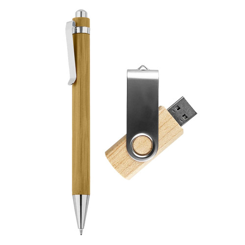 A bamboo pen and wooden USB drive in a gift set, featuring silver accents. The set has a natural colour palette.