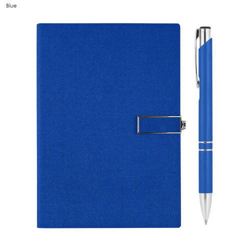 A blue notebook with a textured cover and a silver pen, featuring a logo.