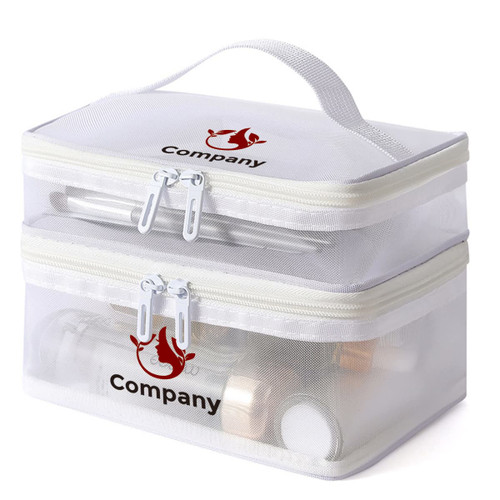 A white nylon mesh double-layer cosmetic bag with zippers and a handle, featuring a logo.