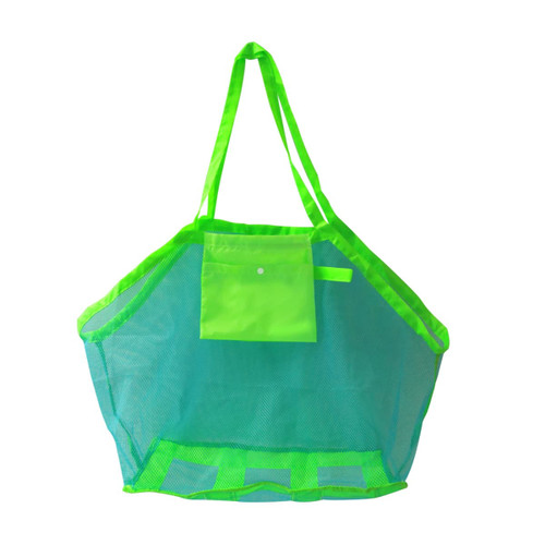 A bright green mesh beach toy bag with a pocket and handles, designed for carrying beach toys and accessories.