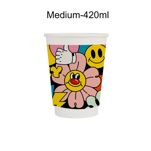 A disposable double wall paper cup featuring a colourful design with flowers and smiley faces, predominantly in pink and yellow.