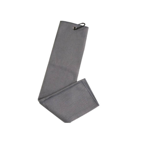 A grey waffle golf towel folded with a loop for hanging. Features a textured surface.