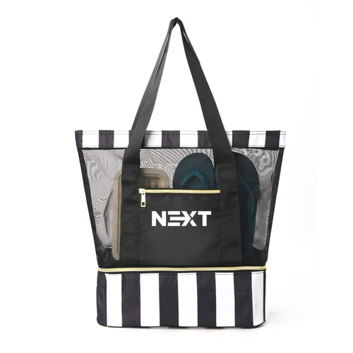 A black and white striped mesh tote bag with a zippered pocket and contents visible inside. It has a logo.