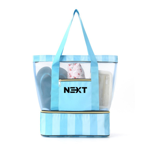 A transparent blue mesh beach tote bag contains flip flops, a pouch, and a compartment at the bottom. Includes a logo.
